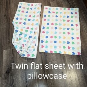 Tommy Hilfiger. Colorful Heart Patterned Flat Twin Size Sheet And Pillowcase.
